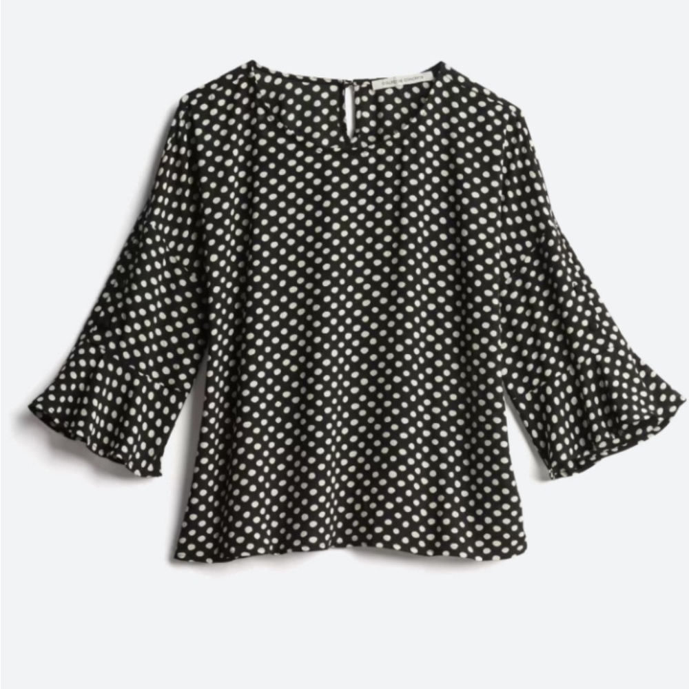 Collective Concepts Blouse Sz. X Large Black White Polka‎ Dots Bell 3/4 Sleeve
